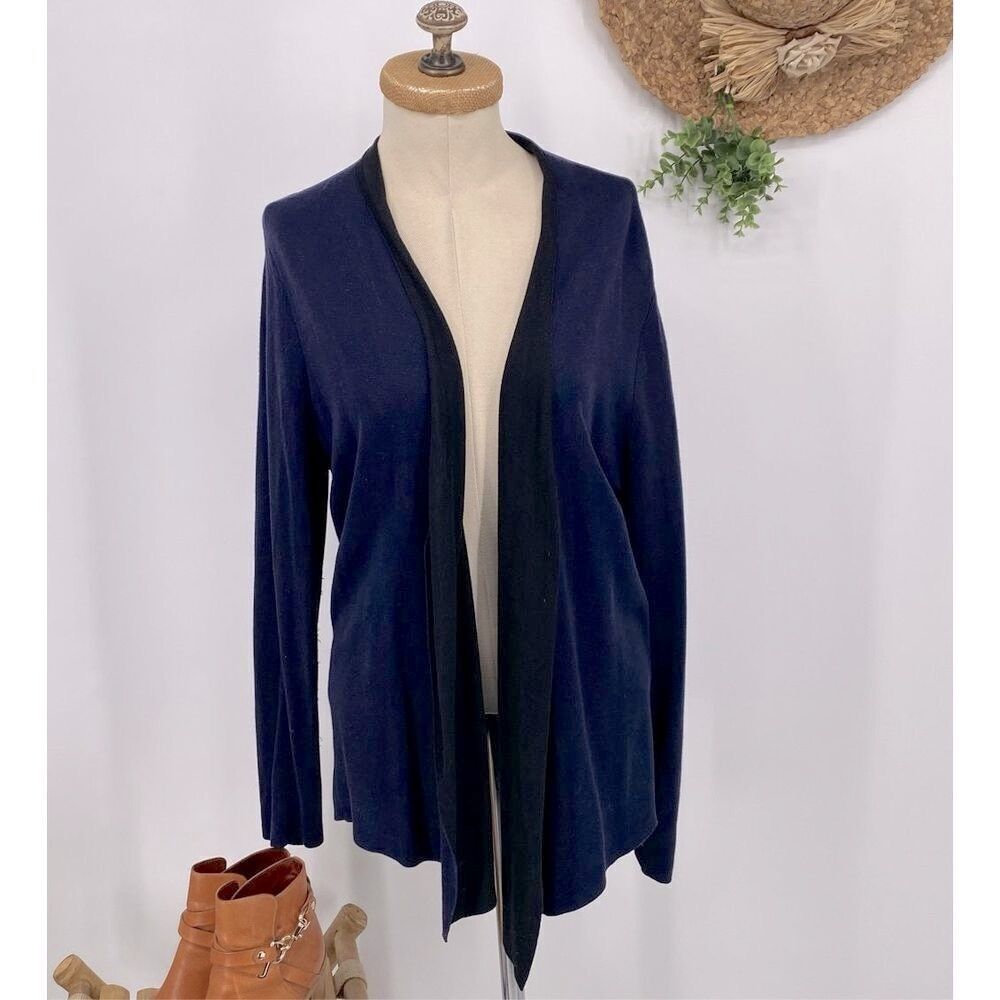 Eileen Fisher Long Open Front Duster Cardigan‎ Shawl Neck Tencel Navy Black  XL